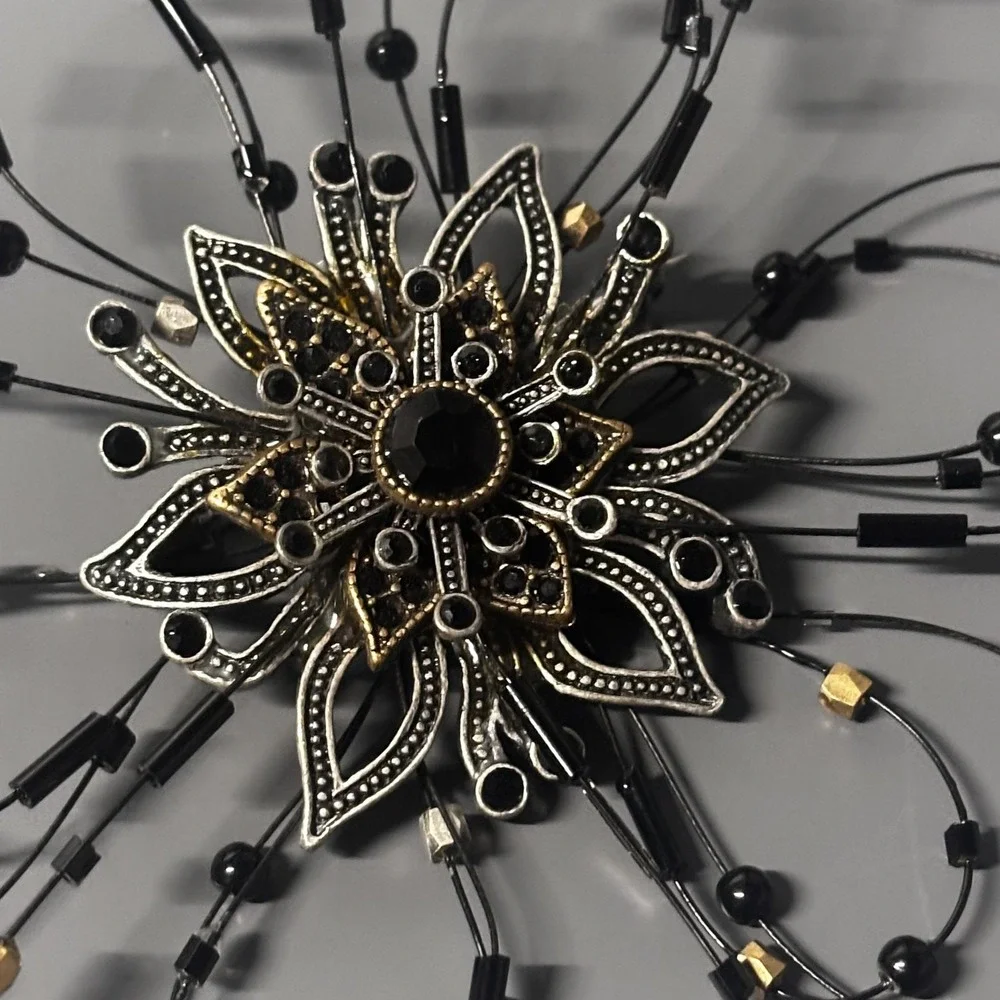 Large Statement Flower Starburst Brooch Pin Black Rhinestone Beaded Silver Tone